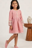 Baby Pink Textured Cotton Dress with Embroidered Border For Girls