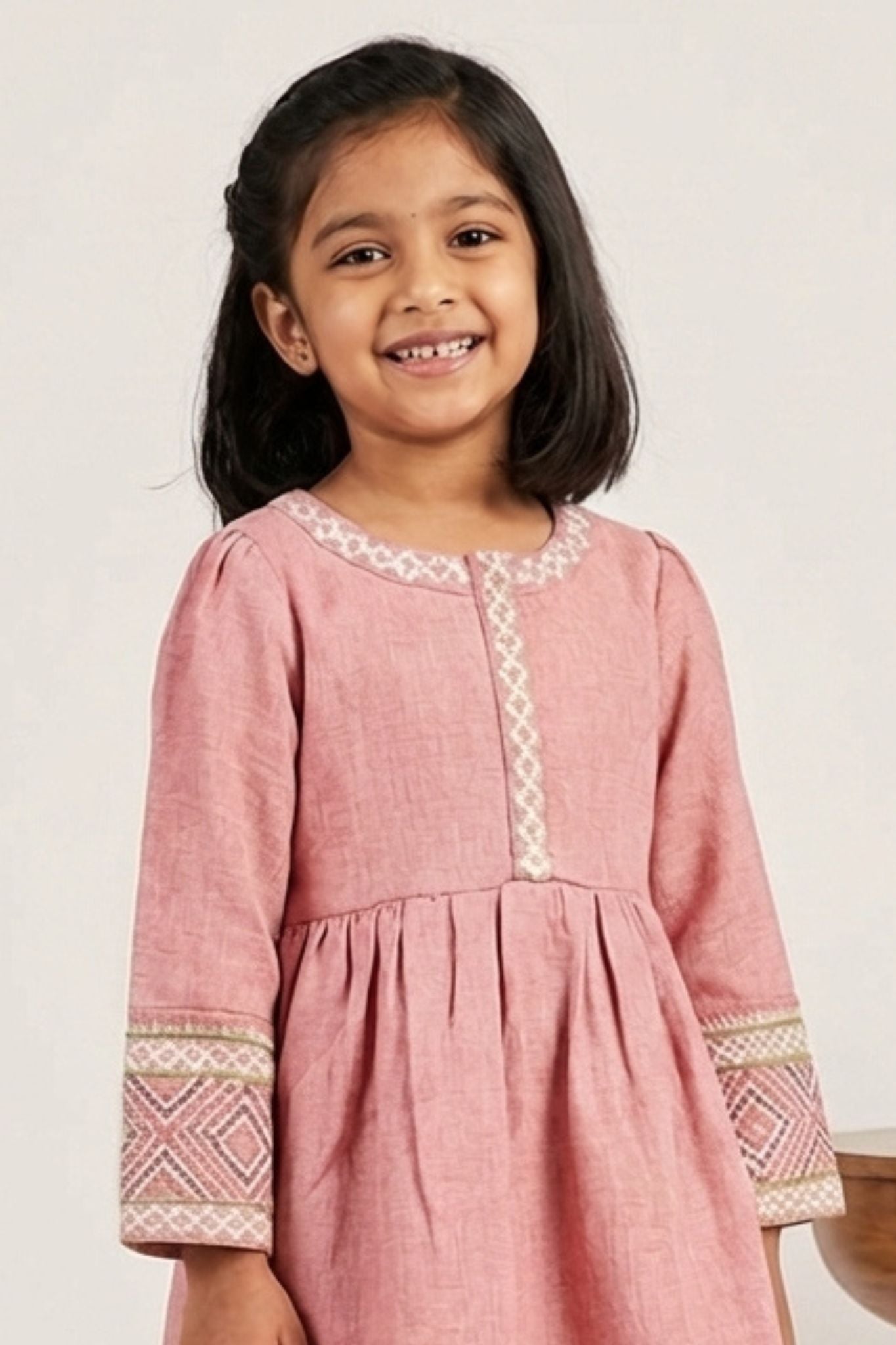 Baby Pink Textured Cotton Dress with Embroidered Border For Girls