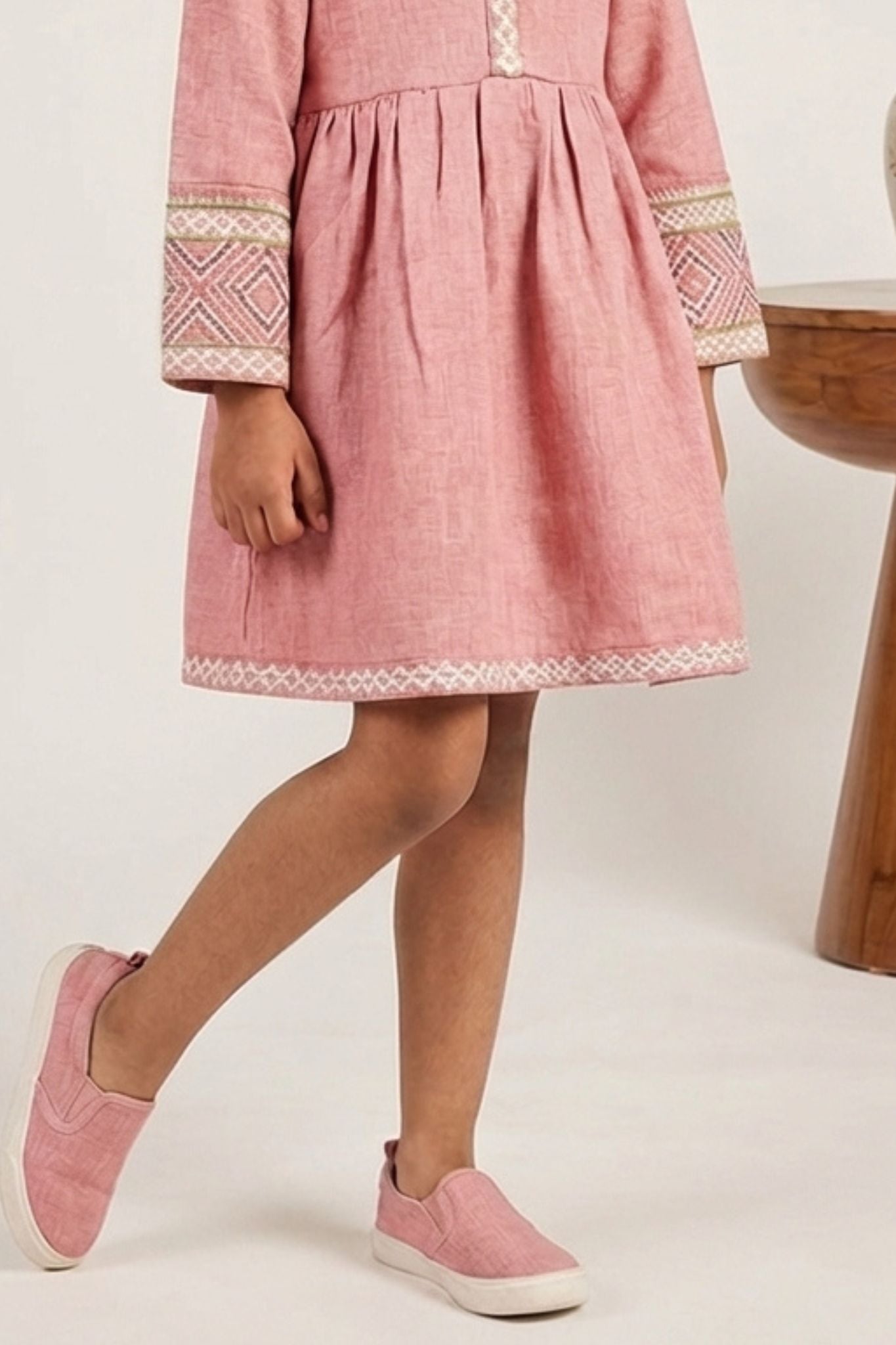 Baby Pink Textured Cotton Dress with Embroidered Border For Girls