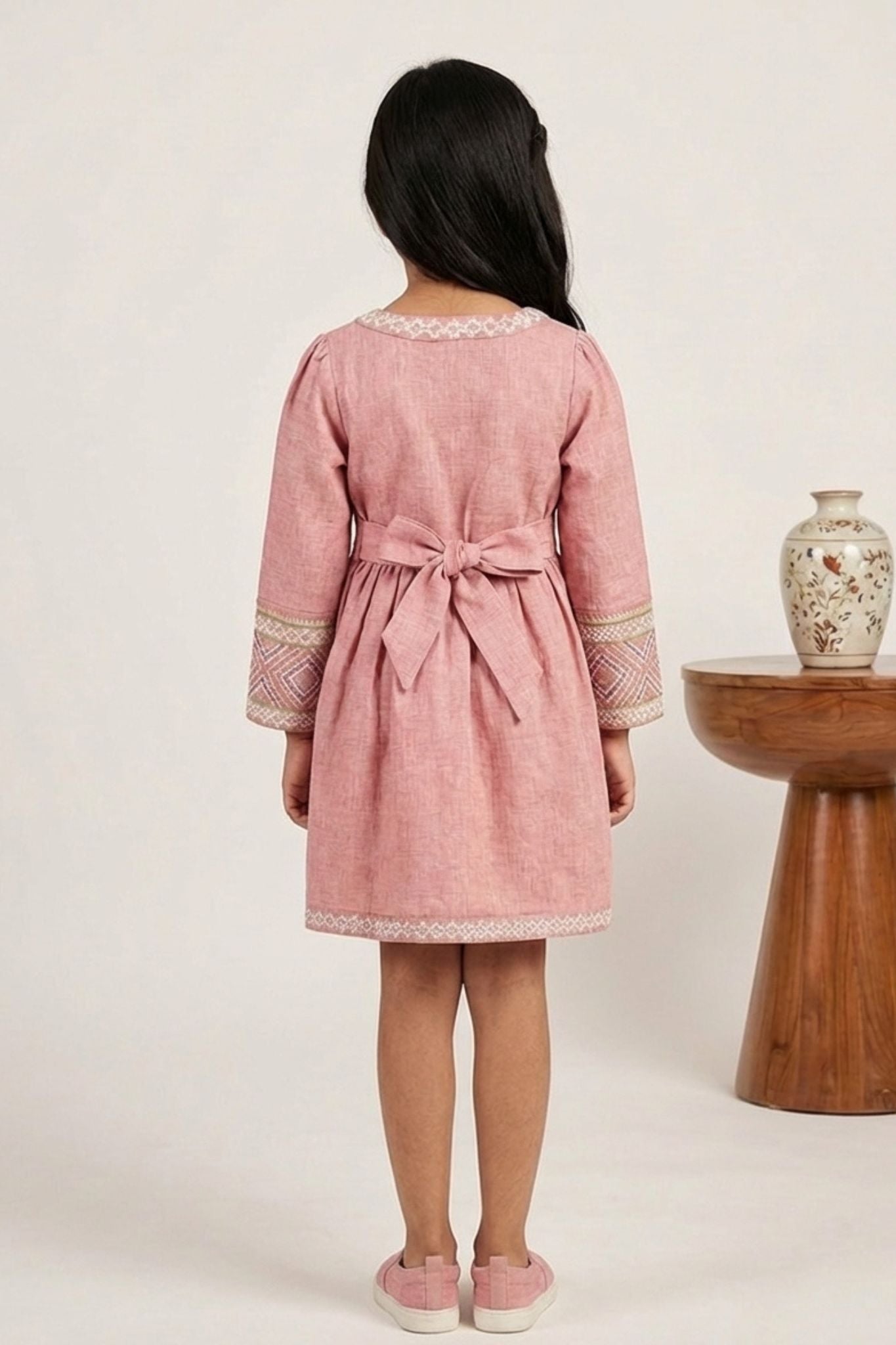 Baby Pink Textured Cotton Dress with Embroidered Border For Girls