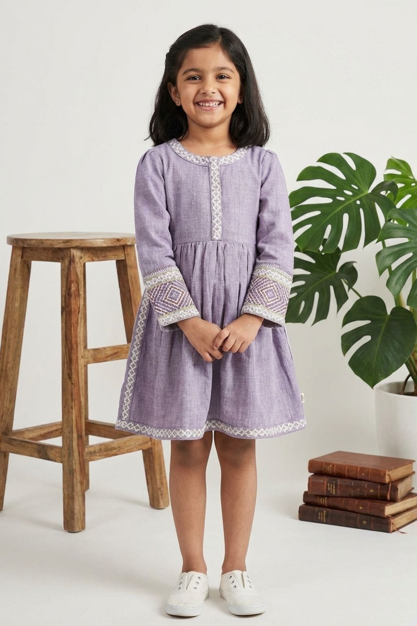 Lavender Textured Cotton Dress with Embroidered Border For Girls