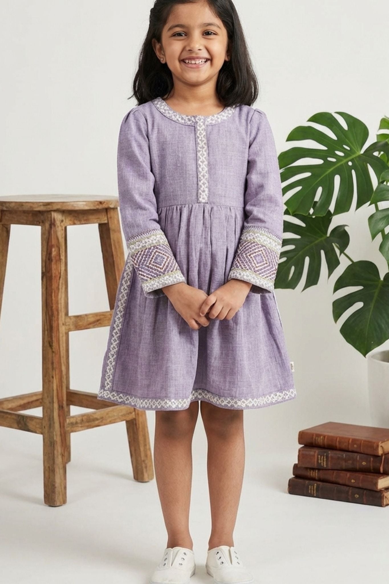 Lavender Textured Cotton Dress with Embroidered Border For Girls