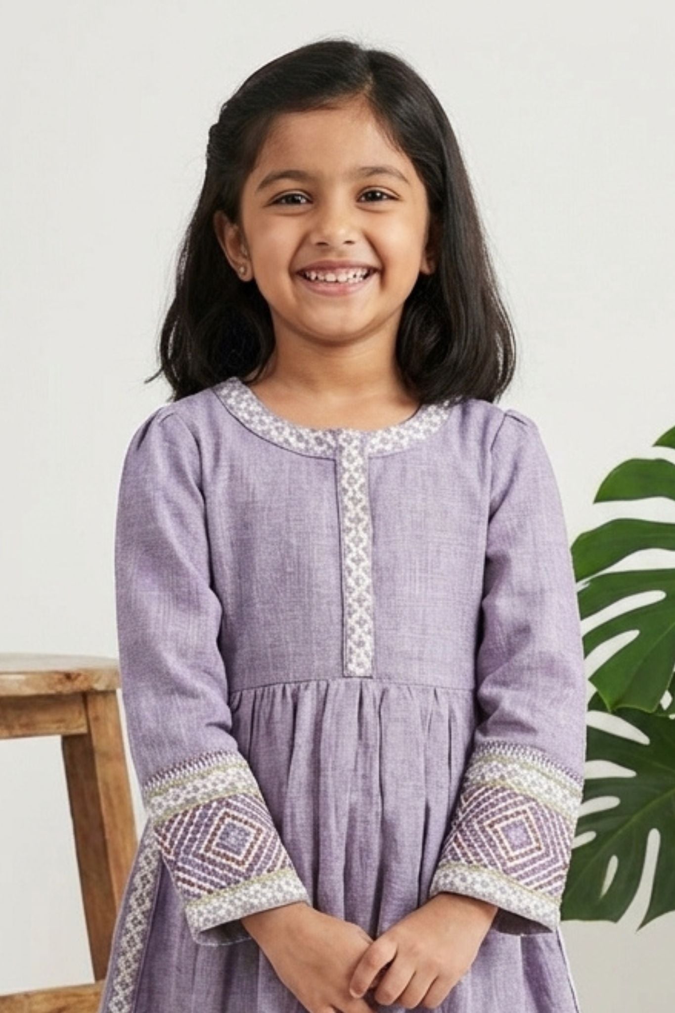 Lavender Textured Cotton Dress with Embroidered Border For Girls