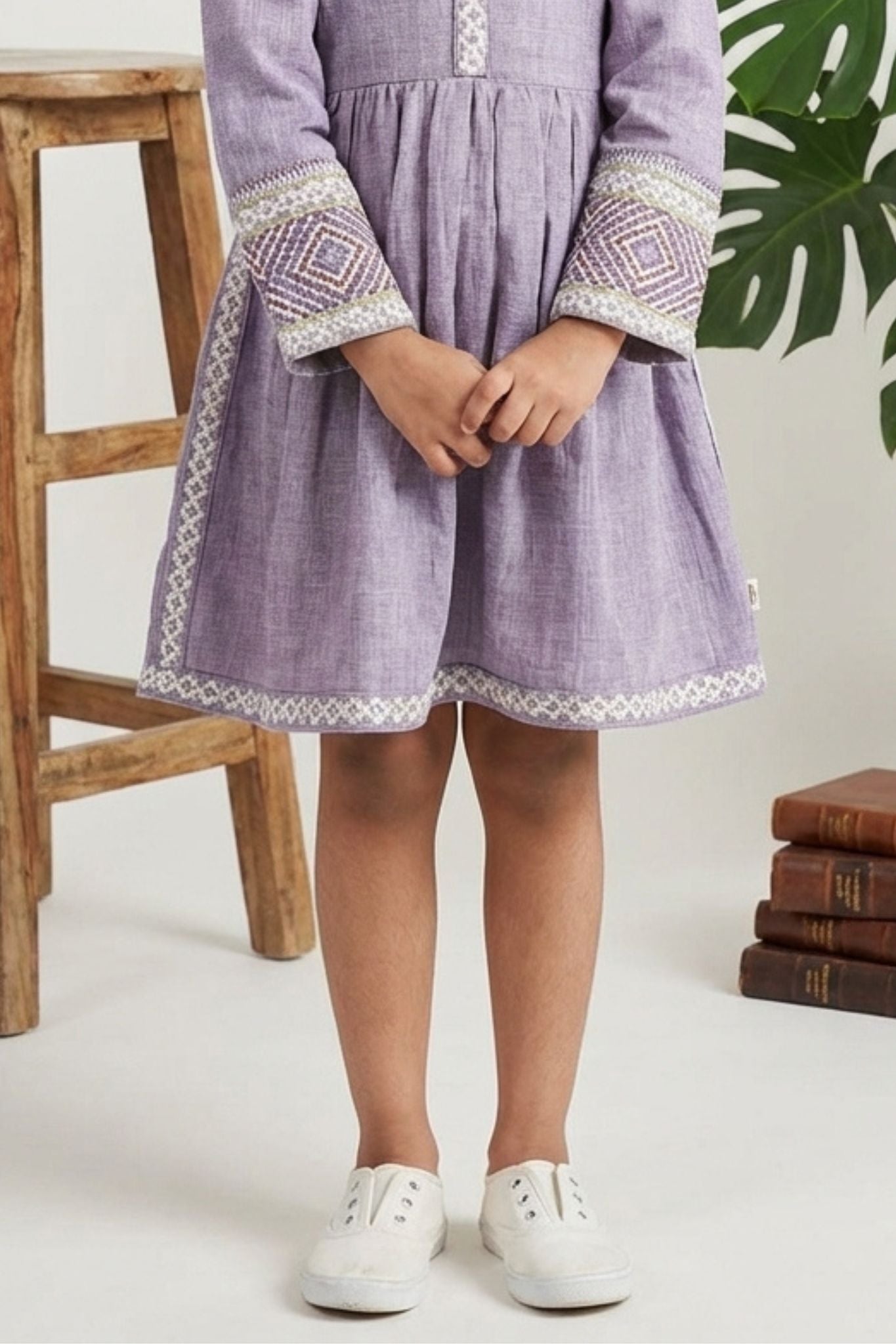 Lavender Textured Cotton Dress with Embroidered Border For Girls