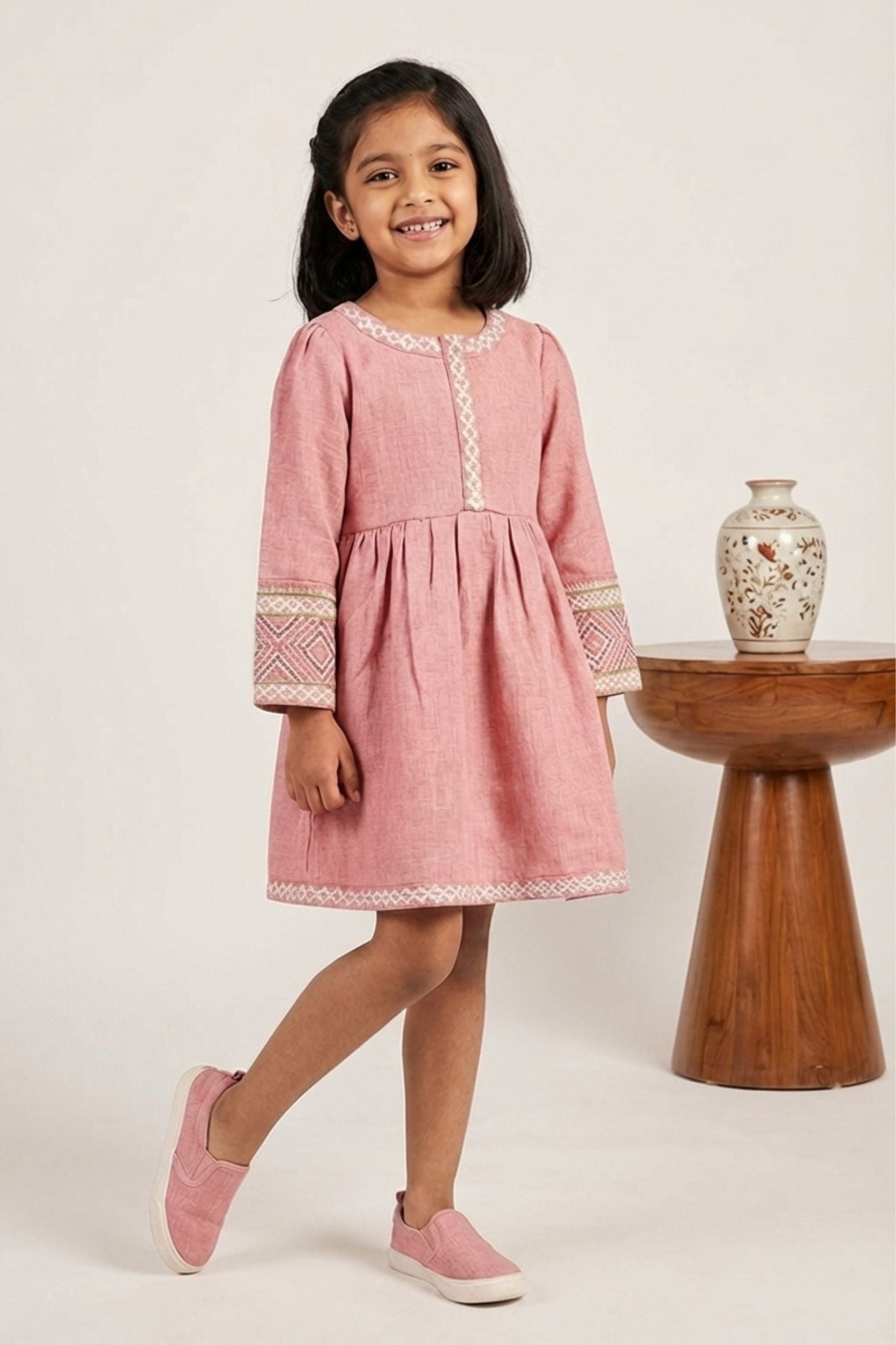 Baby Pink Textured Cotton Dress with Embroidered Border For Girls