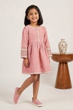 Baby Pink Textured Cotton Dress with Embroidered Border For Girls