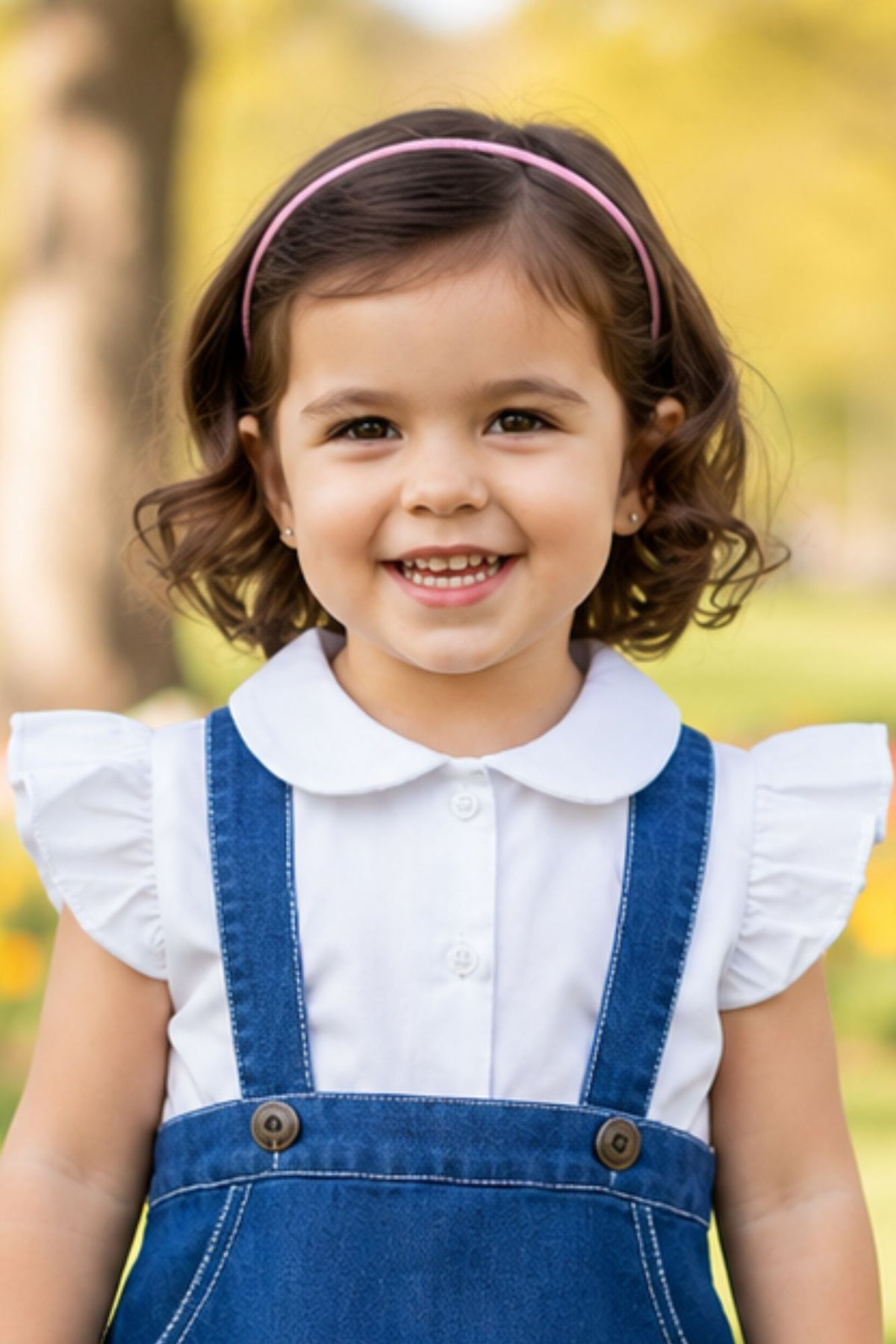 Girls Blue Denim Dungaree Dress With White Puff Sleeves Shirt