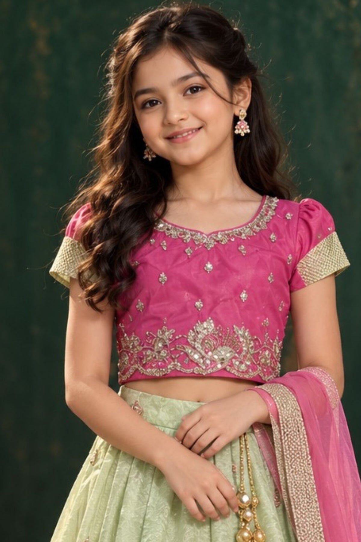 Girls Pista Green And Pink Embroidered Pattu Pavadai Set