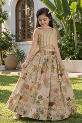 Girls Fawn Bead Embellished Lehenga Choli With Lehenga And Dupatta