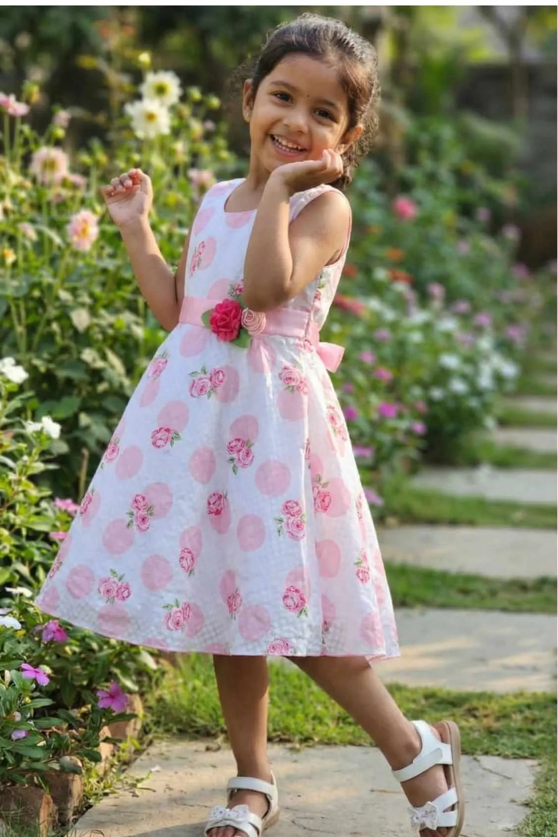 White And Pink Floral Frock For Girls
