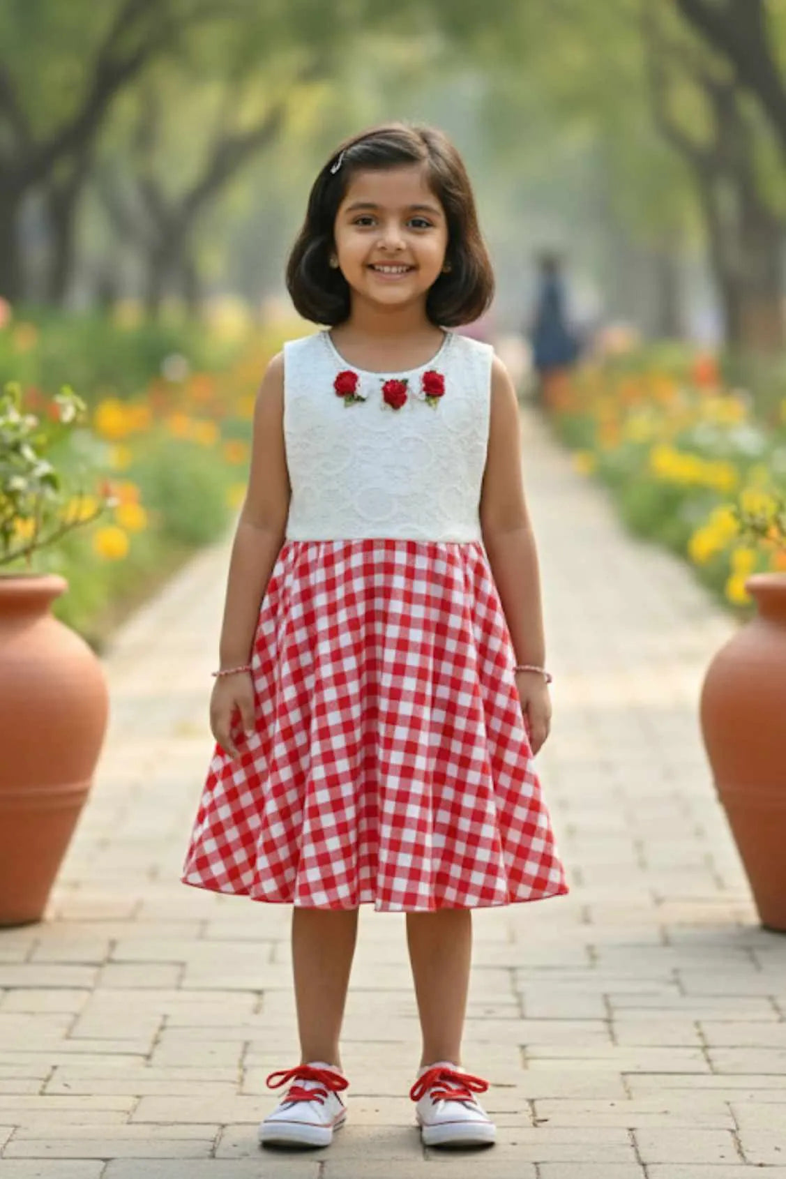 Red And White Casual Frock For Girls