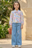 Floral Top with Wide-Leg Denim Jeans Set For Girls