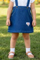 Girls Blue Denim Dungaree Dress With White Puff Sleeves Shirt