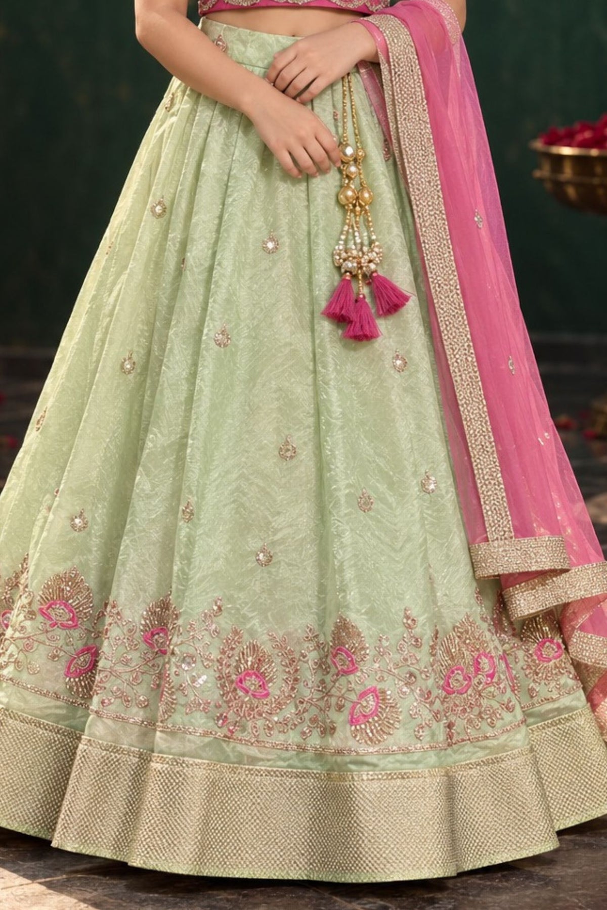 Girls Pista Green And Pink Embroidered Pattu Pavadai Set
