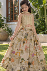 Girls Fawn Bead Embellished Lehenga Choli With Lehenga And Dupatta