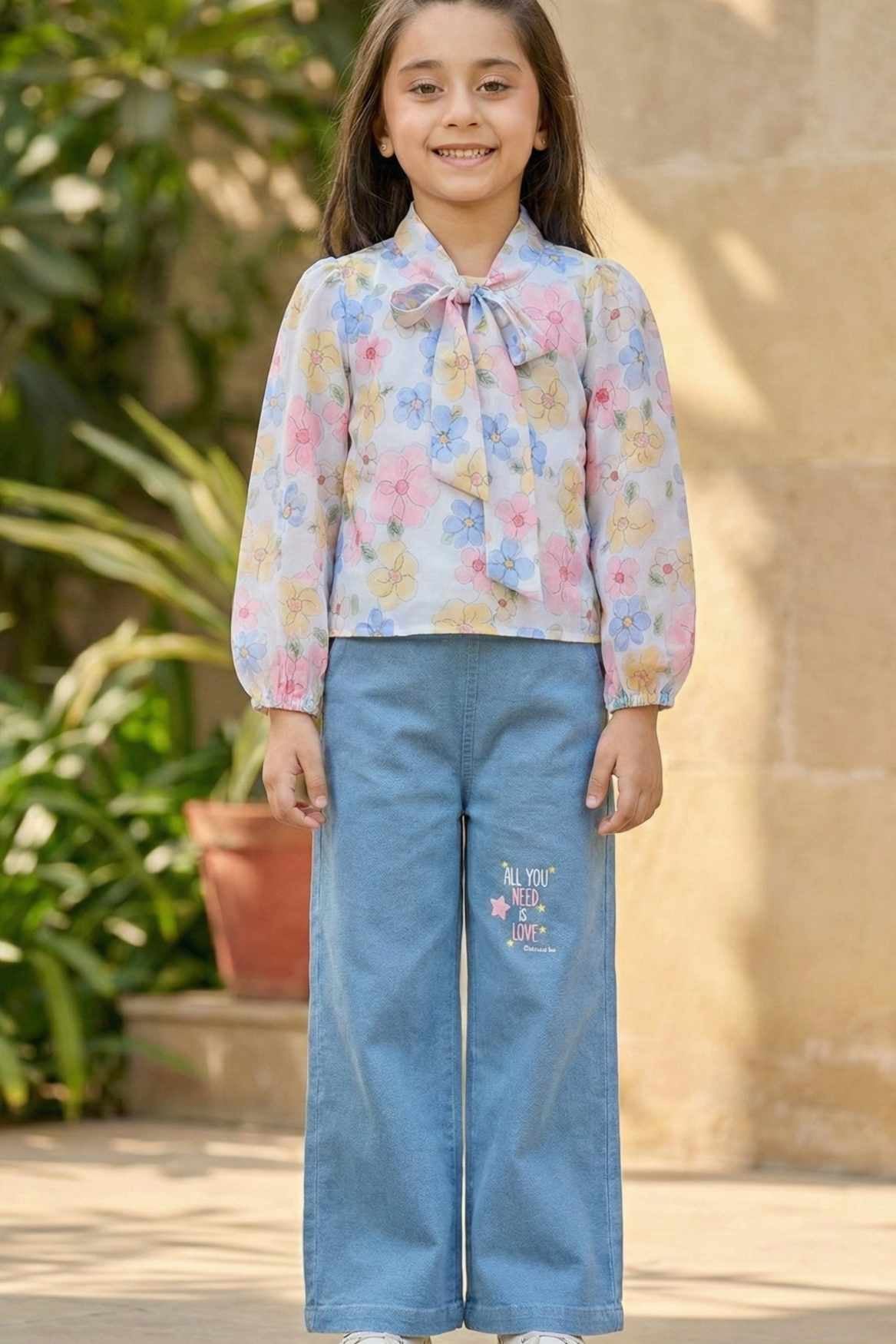 Floral Top with Wide-Leg Denim Jeans Set For Girls