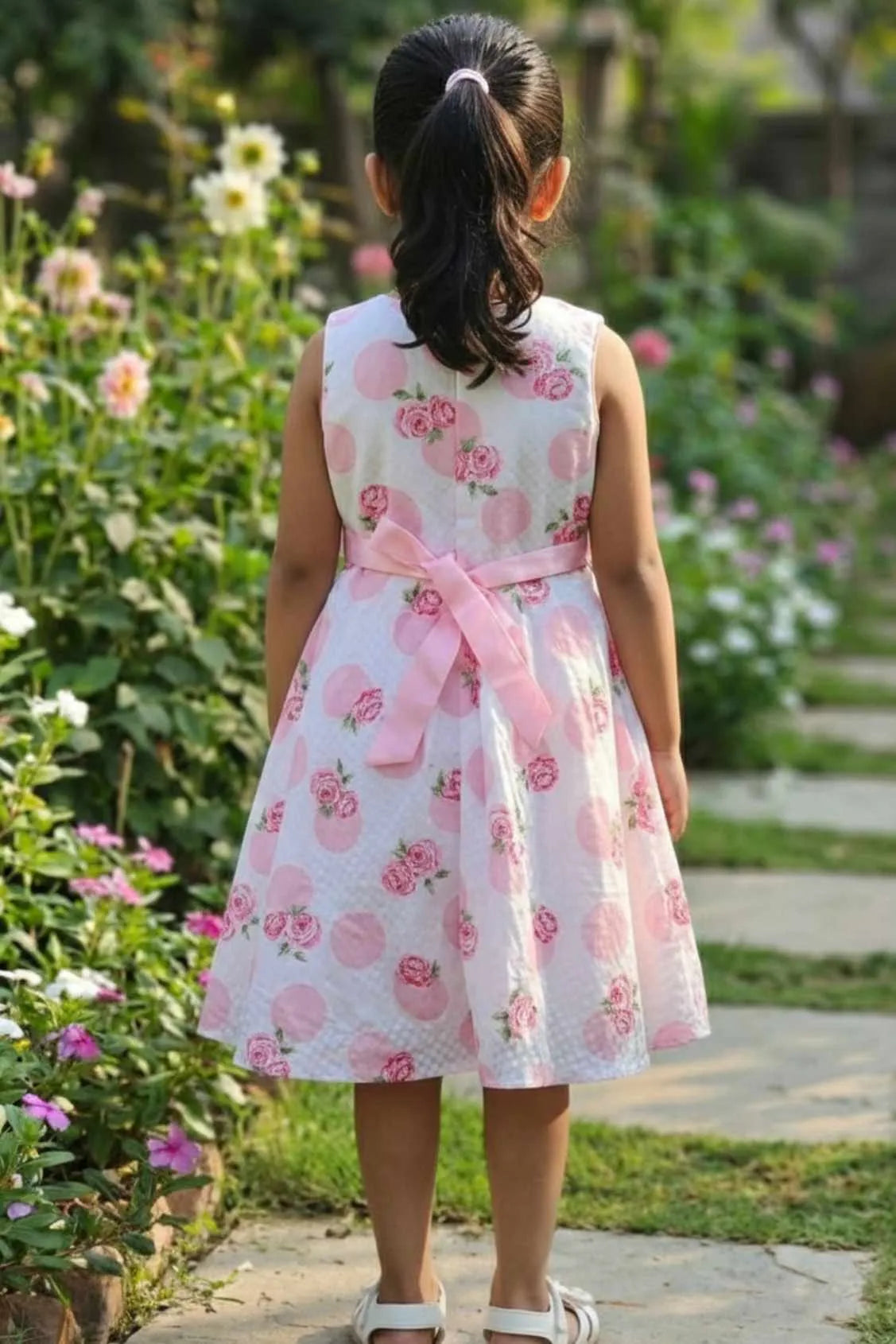 White And Pink Floral Frock For Girls
