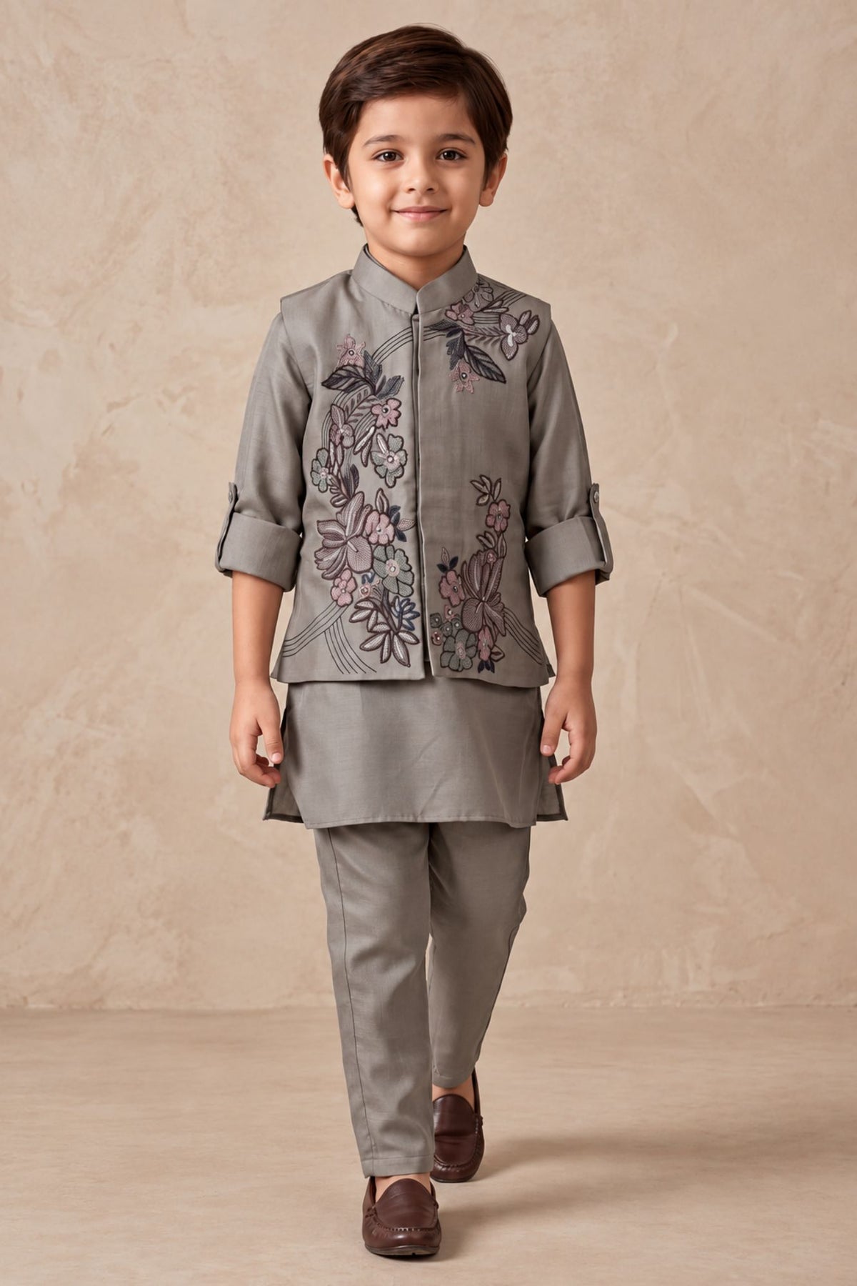 Boys Taupe Grey Floral Embroidered Nehru Jacket Kurta Set