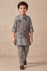 Boys Taupe Grey Floral Embroidered Nehru Jacket Kurta Set