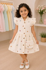 Girls Cream Multicolour Floral Embroidered Dress