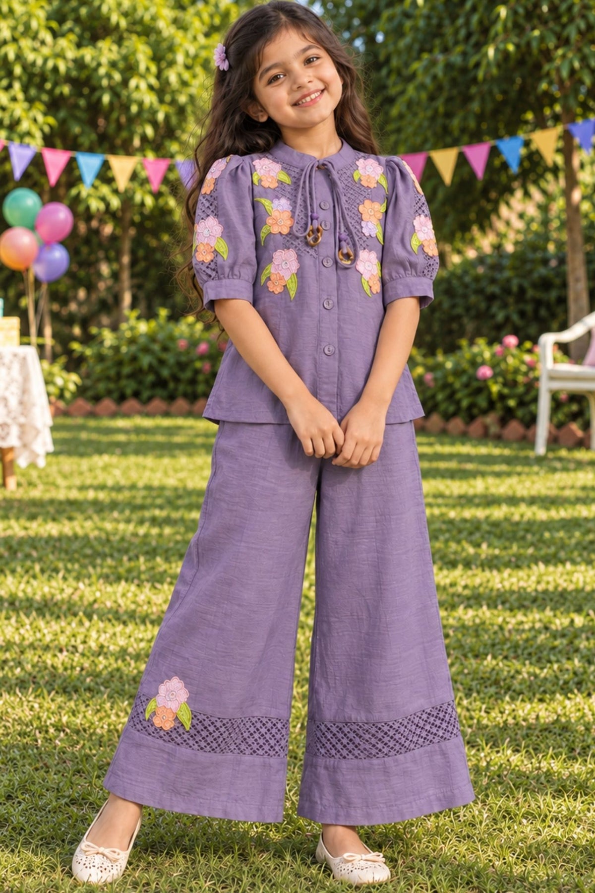 Girls Purple With Multicolour Floral Embroidered Co-Ord Set