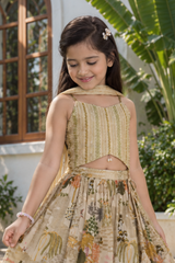 Girls Fawn Bead Embellished Lehenga Choli With Lehenga And Dupatta