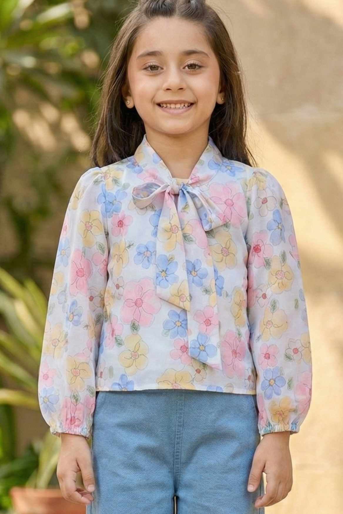 Floral Top with Wide-Leg Denim Jeans Set For Girls