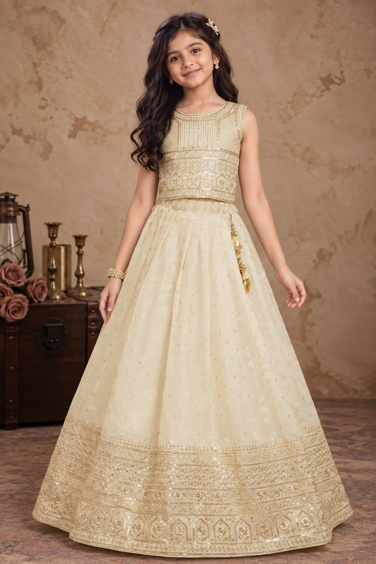 Girls Cream Sequin Embroidered Lehenga Choli Set with Dupatta