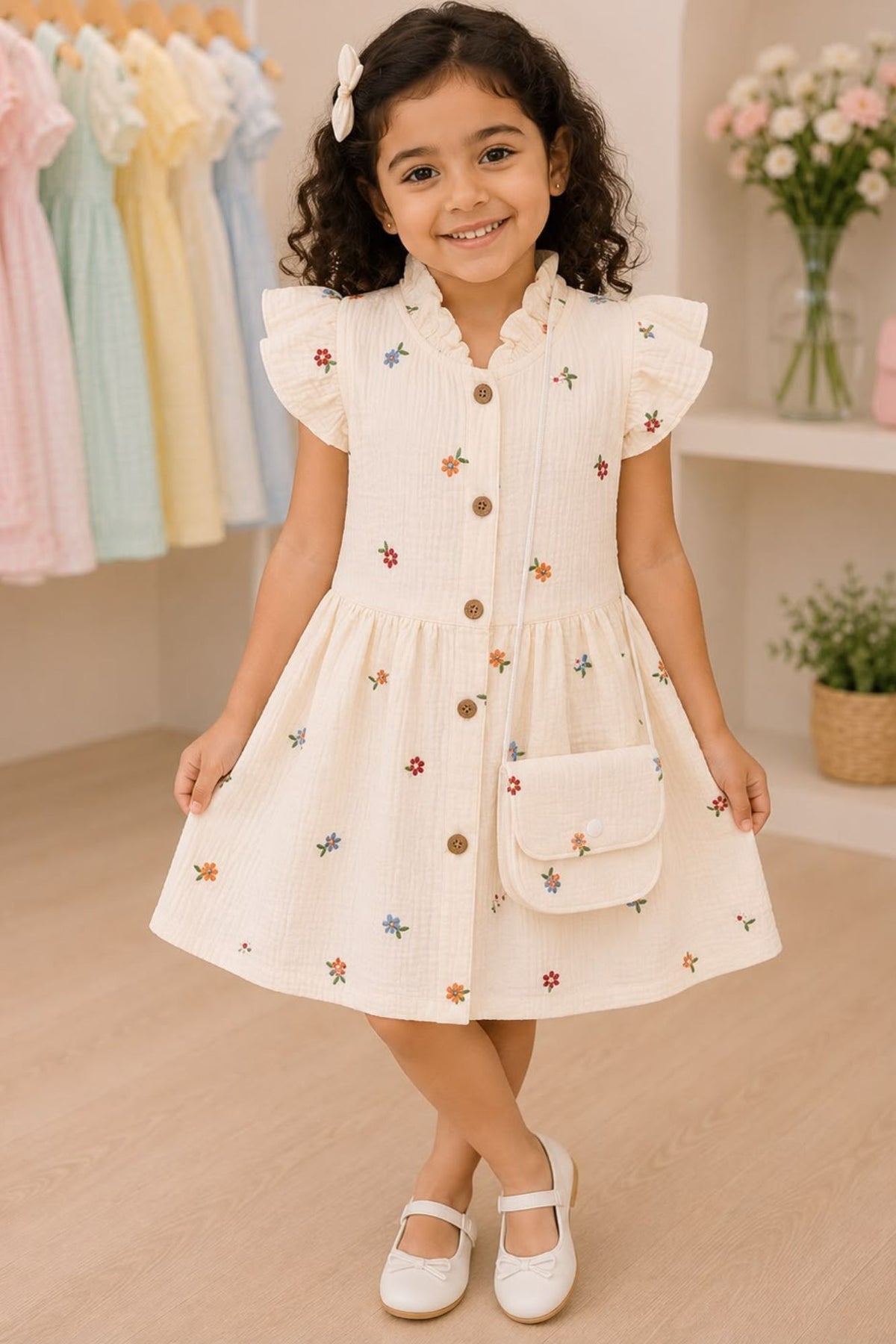Girls Cream Multicolour Floral Embroidered Dress