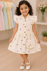 Girls Cream Multicolour Floral Embroidered Dress