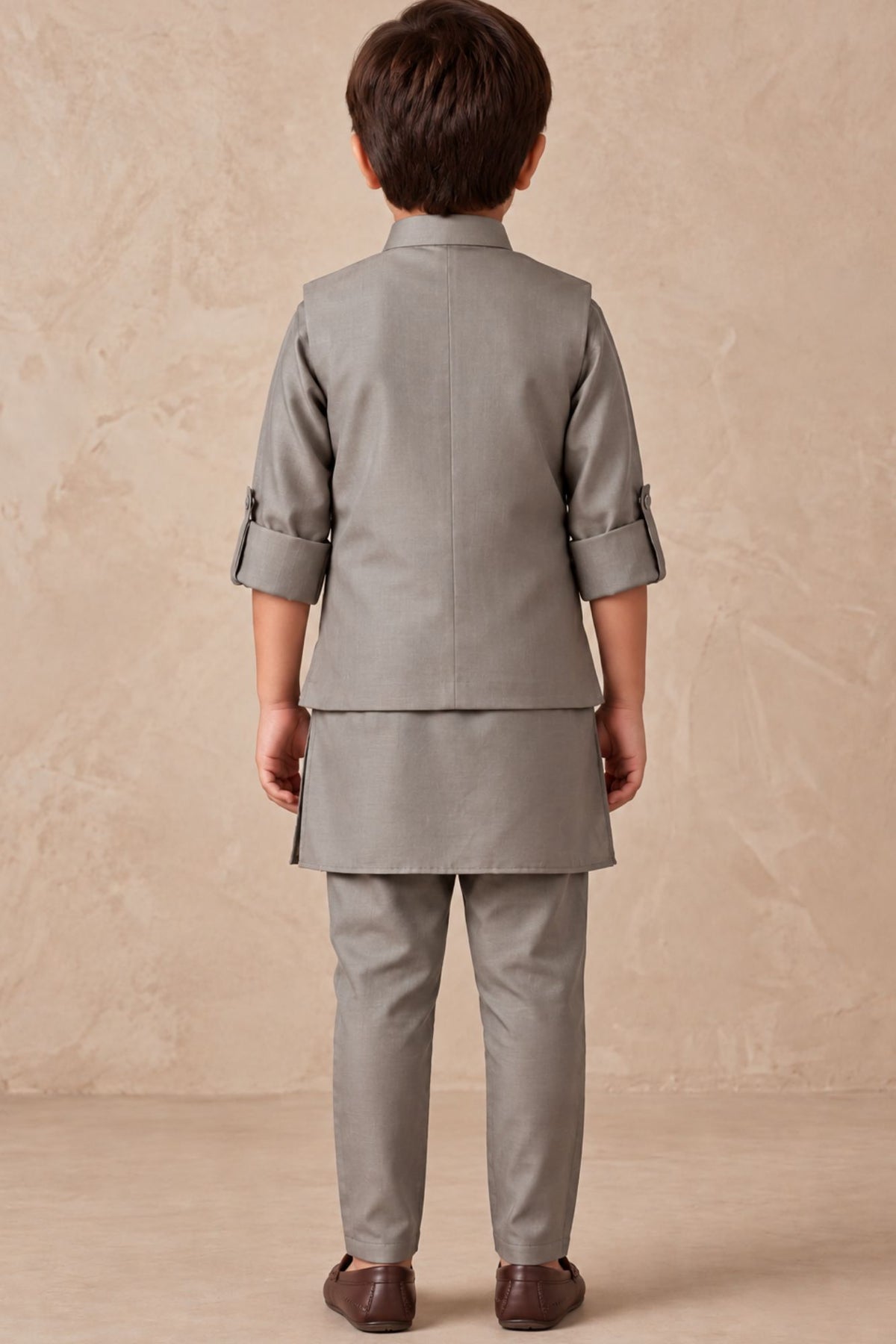Boys Taupe Grey Floral Embroidered Nehru Jacket Kurta Set