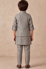 Boys Taupe Grey Floral Embroidered Nehru Jacket Kurta Set