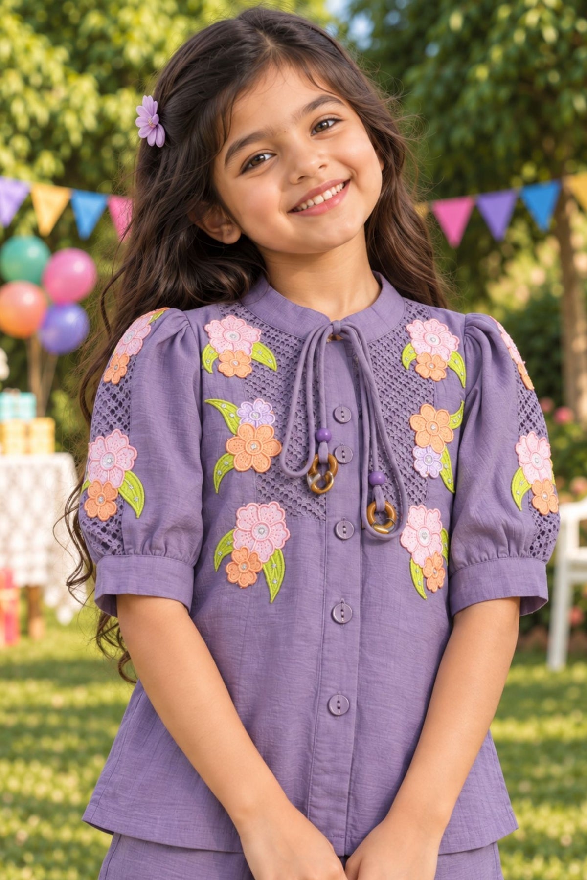 Girls Purple With Multicolour Floral Embroidered Co-Ord Set