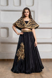 Girls Black And Gold Embroidered Cape Lehenga Choli