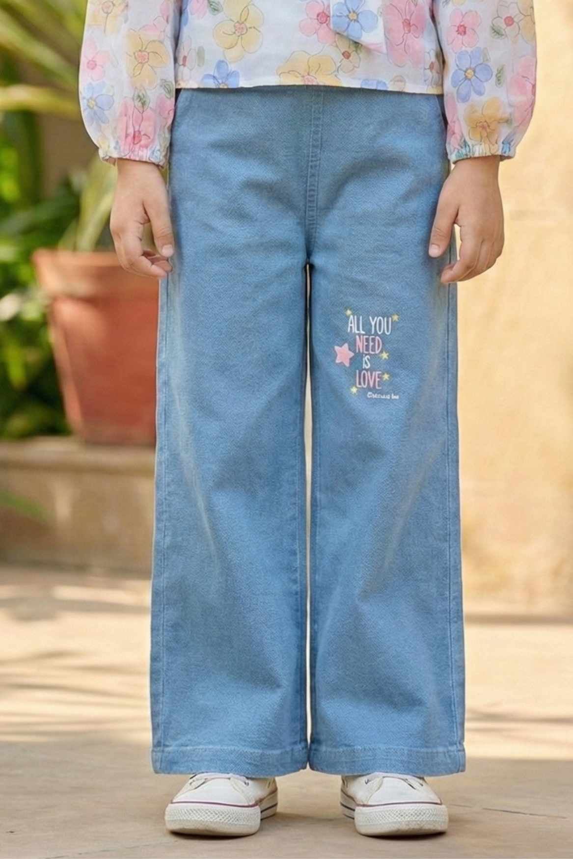 Floral Top with Wide-Leg Denim Jeans Set For Girls