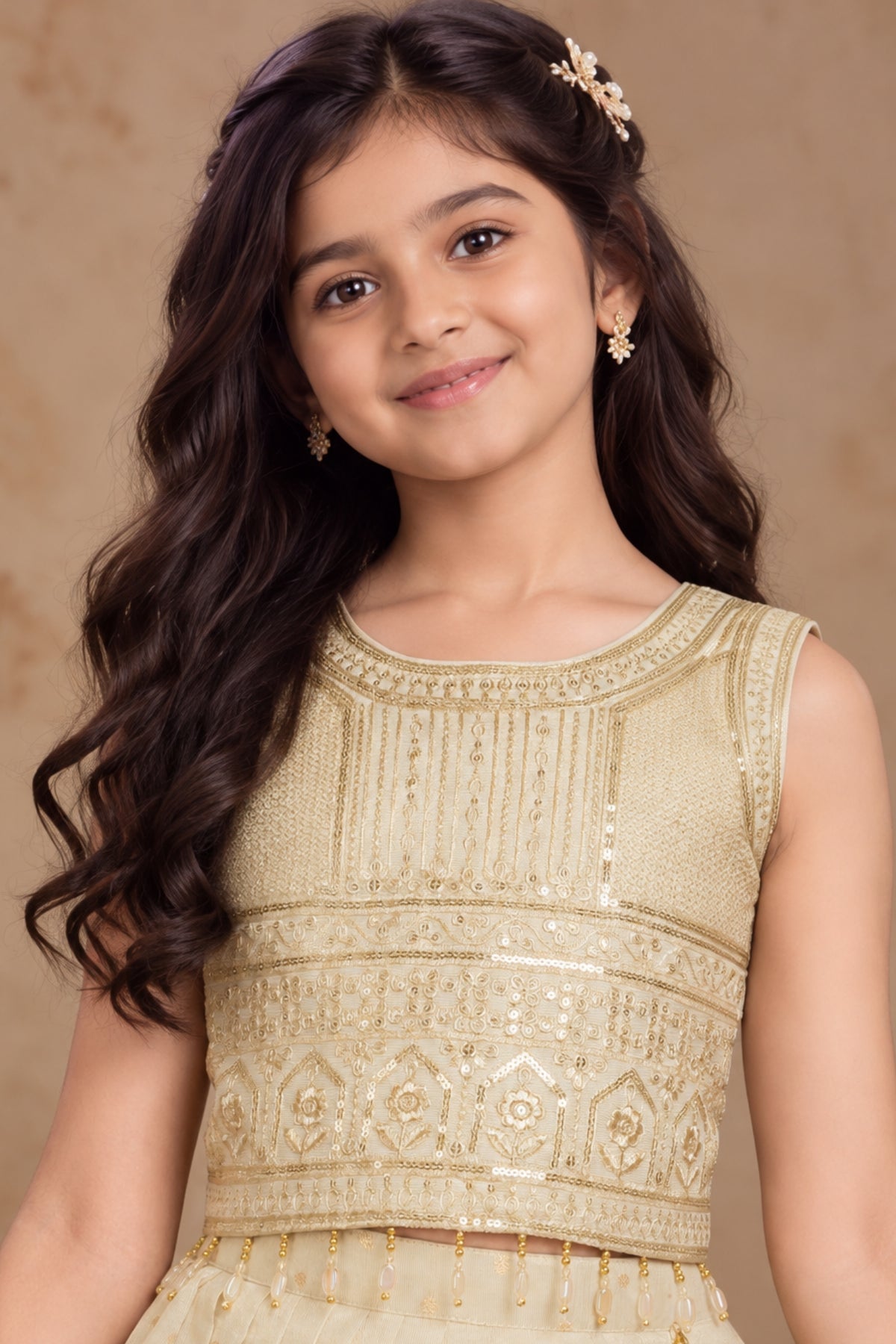 Girls Cream Sequin Embroidered Lehenga Choli Set with Dupatta