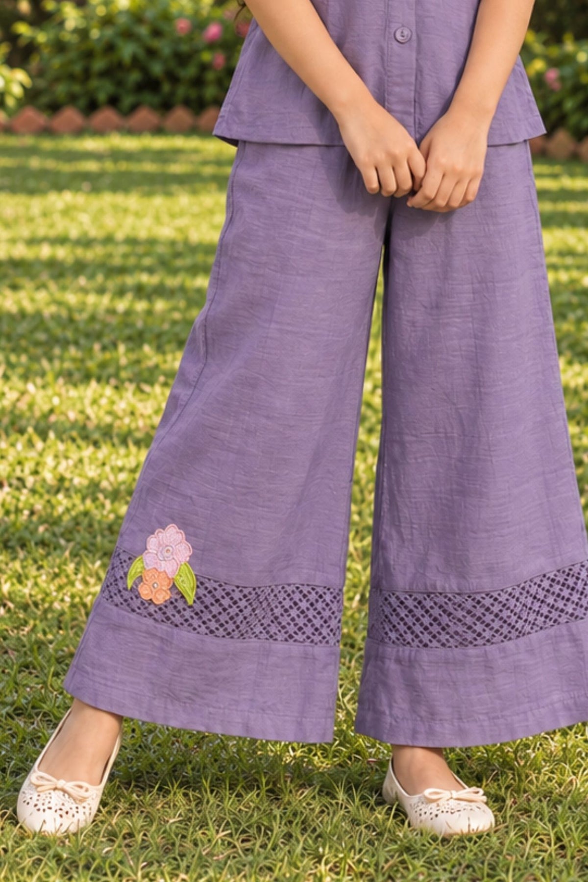 Girls Purple With Multicolour Floral Embroidered Co-Ord Set
