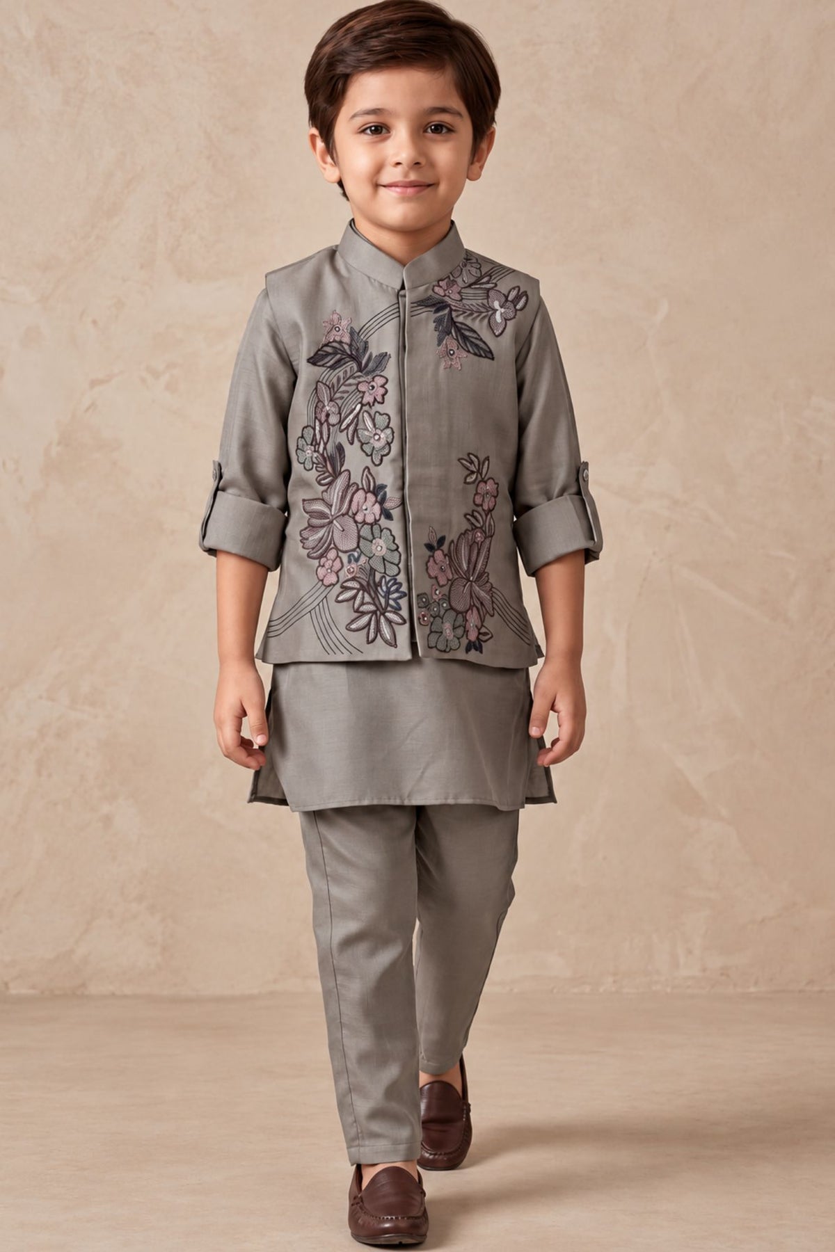 Boys Taupe Grey Floral Embroidered Nehru Jacket Kurta Set