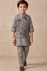 Boys Taupe Grey Floral Embroidered Nehru Jacket Kurta Set