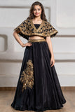 Girls Black And Gold Embroidered Cape Lehenga Choli
