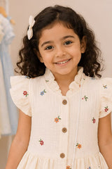 Girls Cream Multicolour Floral Embroidered Dress