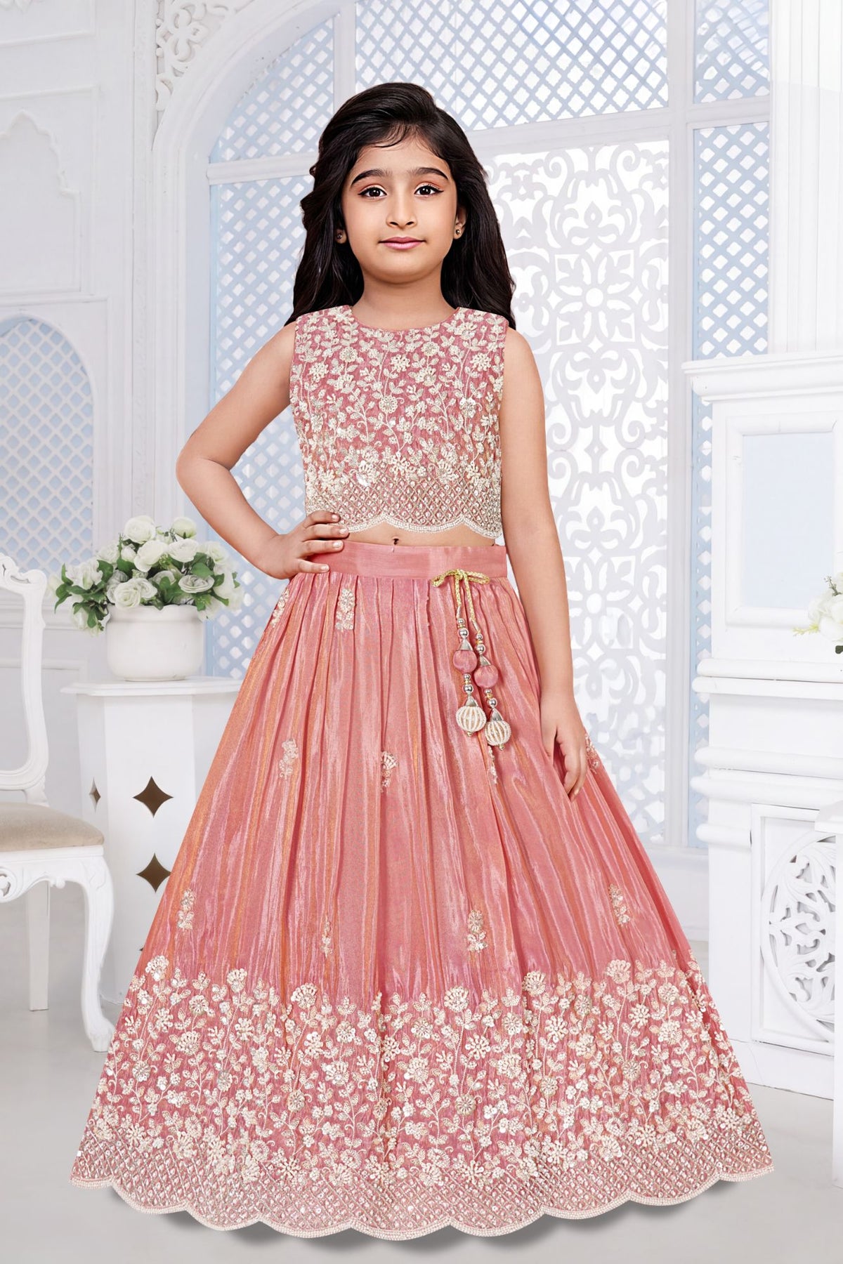 Girls Dusty Pink Floral Embroidered Lehenga Choli With Dupatta