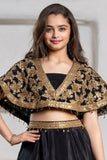 Girls Black And Gold Embroidered Cape Lehenga Choli