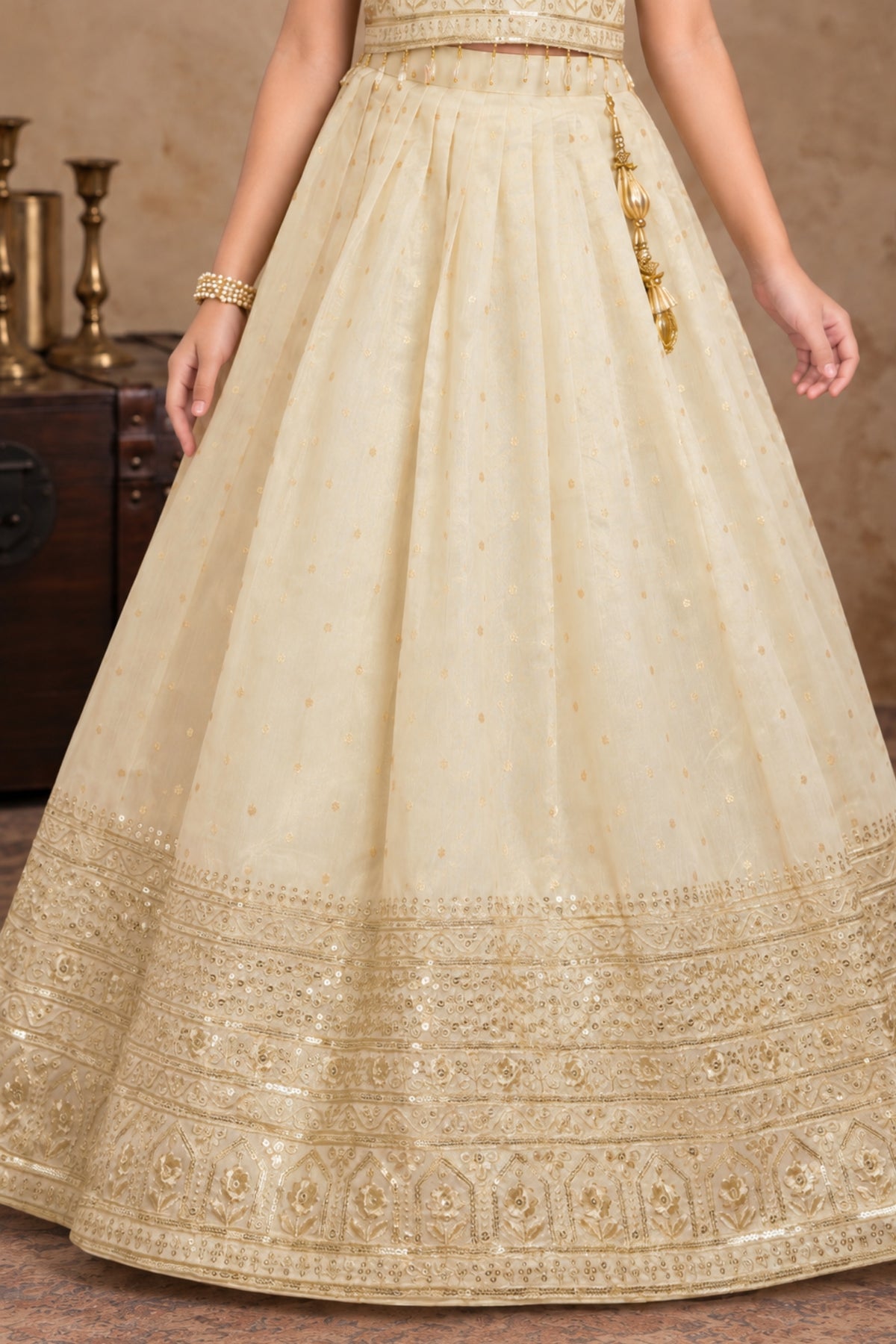 Girls Cream Sequin Embroidered Lehenga Choli Set with Dupatta