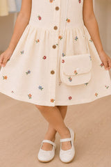Girls Cream Multicolour Floral Embroidered Dress