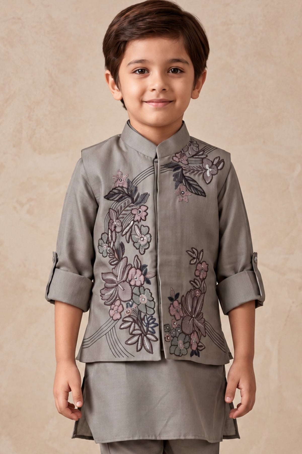 Boys Taupe Grey Floral Embroidered Nehru Jacket Kurta Set