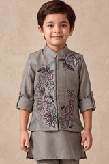 Boys Taupe Grey Floral Embroidered Nehru Jacket Kurta Set
