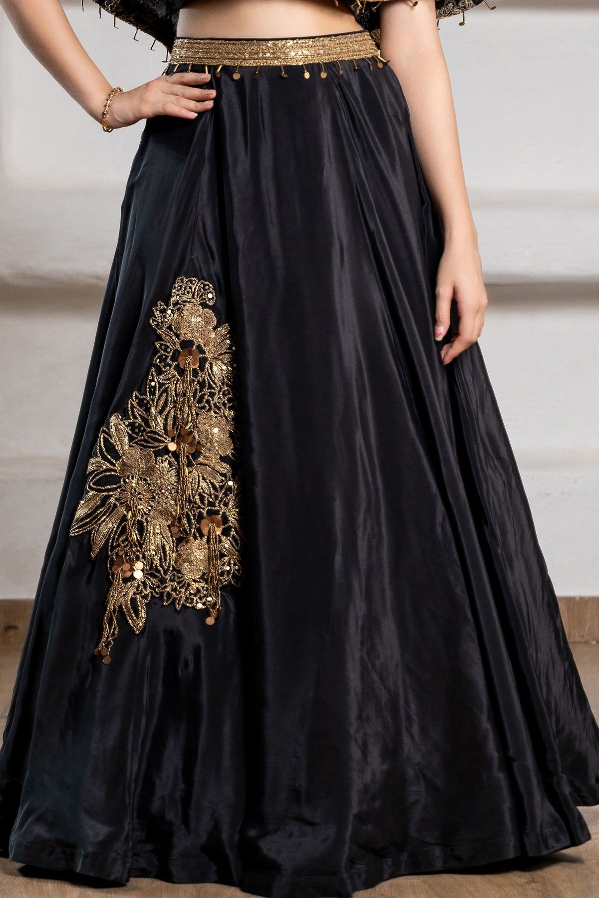 Girls Black And Gold Embroidered Cape Lehenga Choli