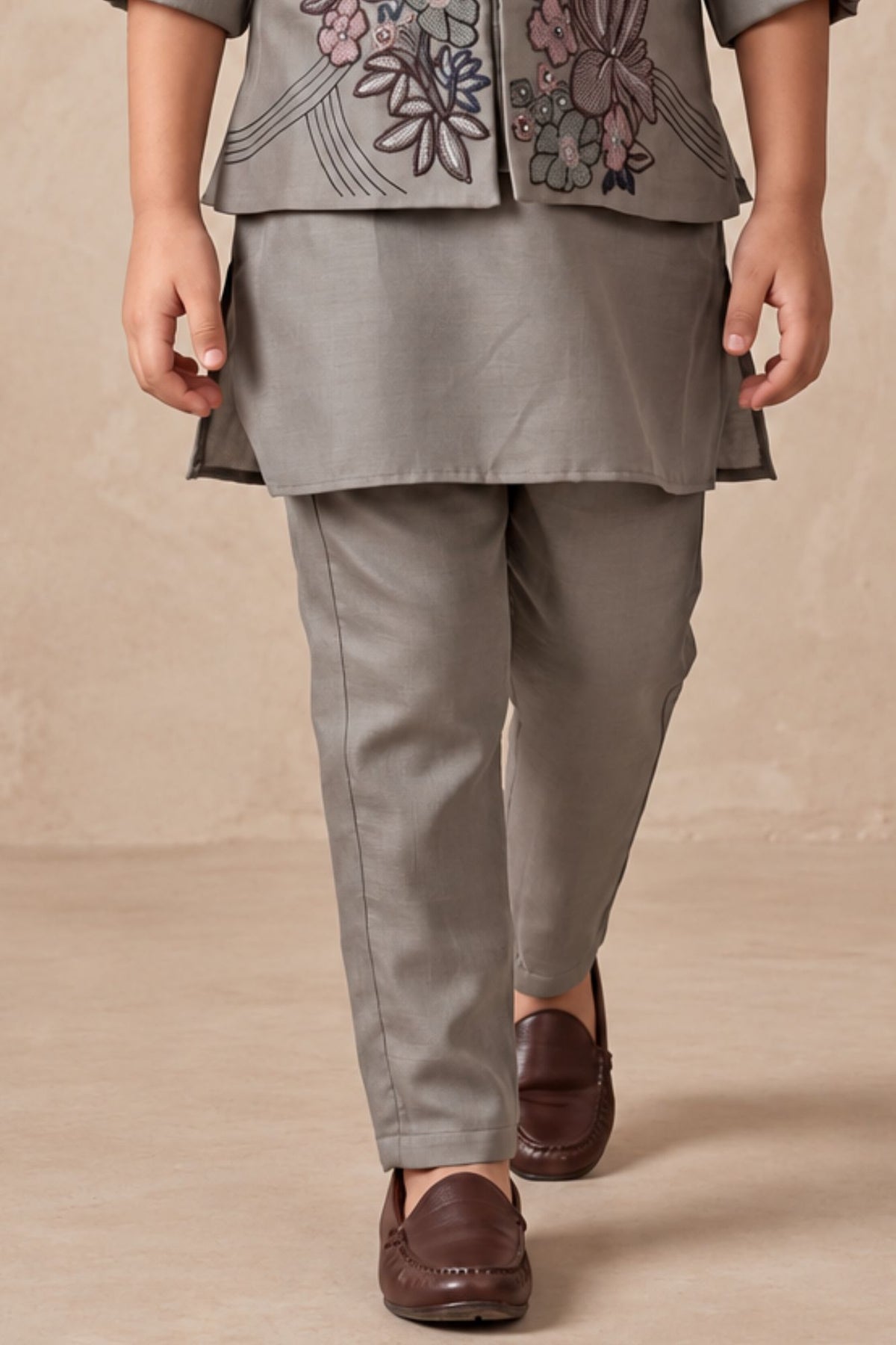 Boys Taupe Grey Floral Embroidered Nehru Jacket Kurta Set