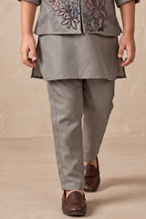 Boys Taupe Grey Floral Embroidered Nehru Jacket Kurta Set
